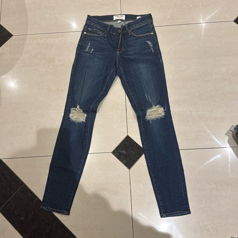 Frame dark denim ripped skinny jeans
